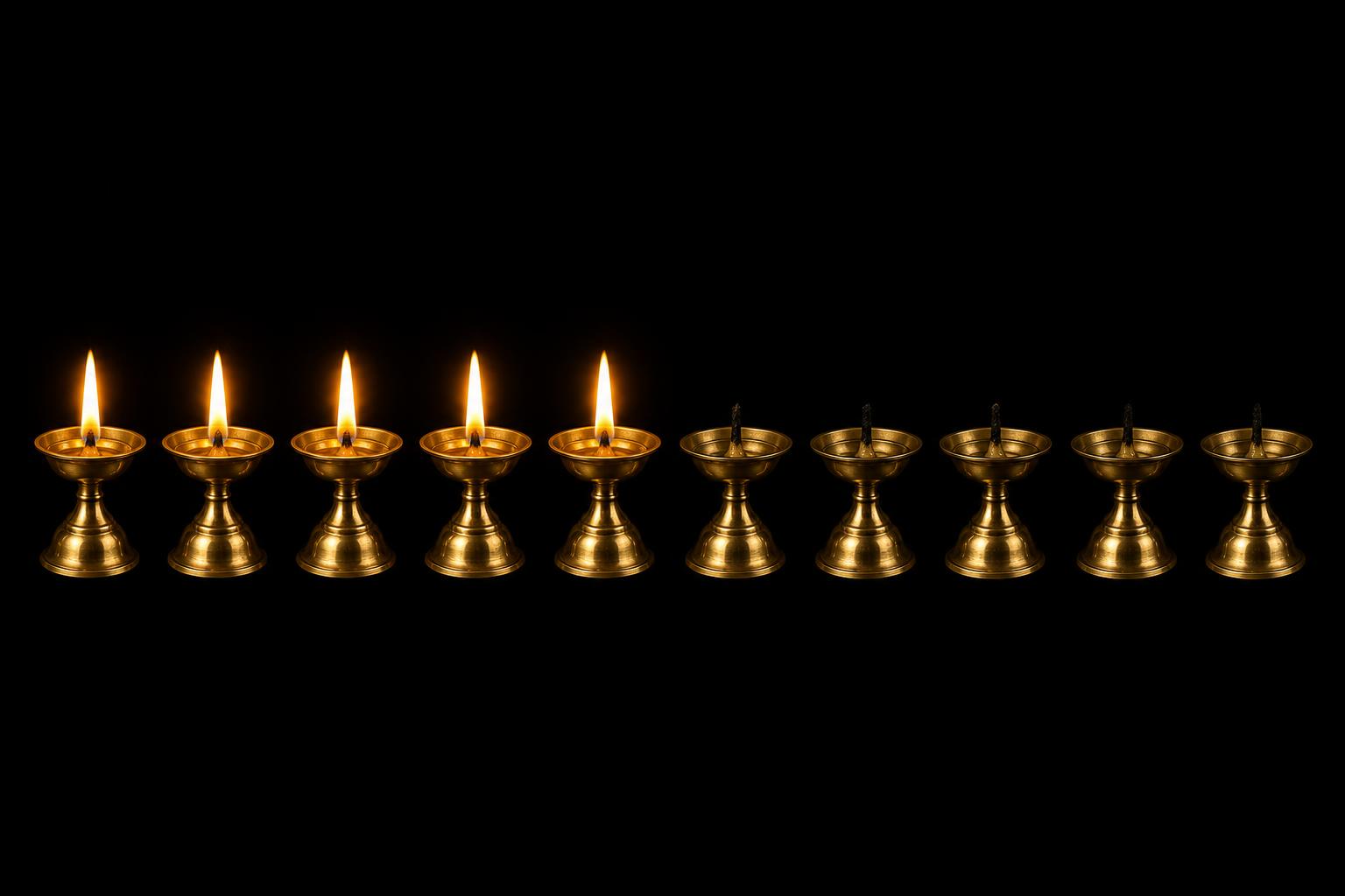 Ten brass oil lamps in a row, five glowing brightly and five dim